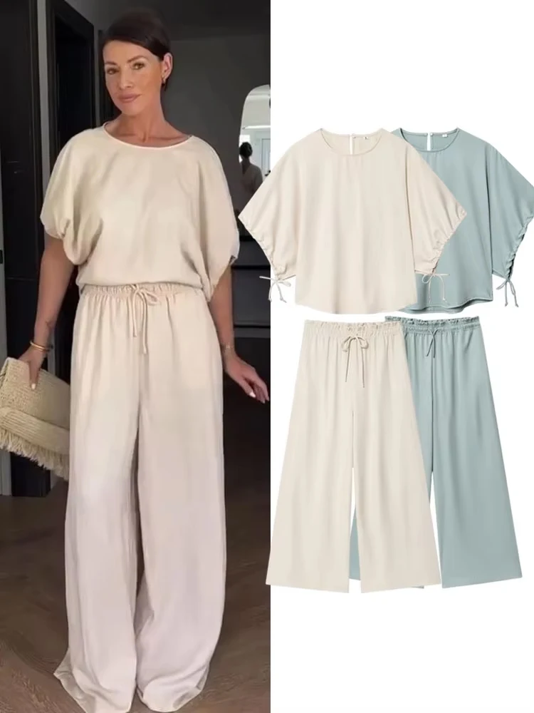 

HH Women Solid Elegant Puff Sleeves O-Neck Lace-up Button Shirt+Slim High Waist Drawstring Pajama Style Pants 2-Piece Set