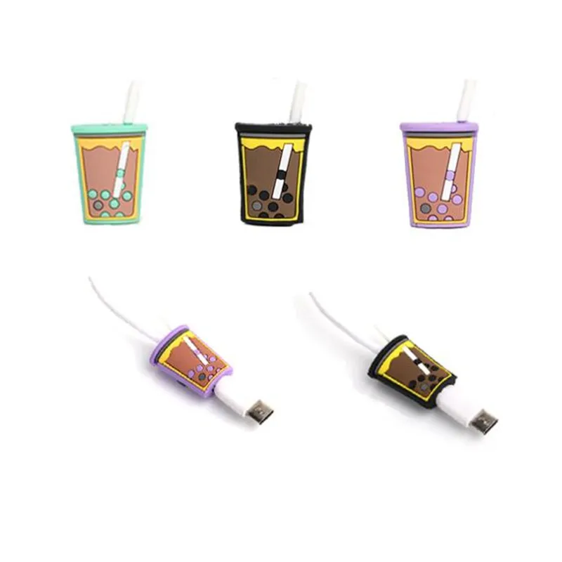 Protect Cartoon Milk Tea Cable Protector Wire Winder Data Line Cord For Iphone USB Charging Protective Cover Winder Organizer