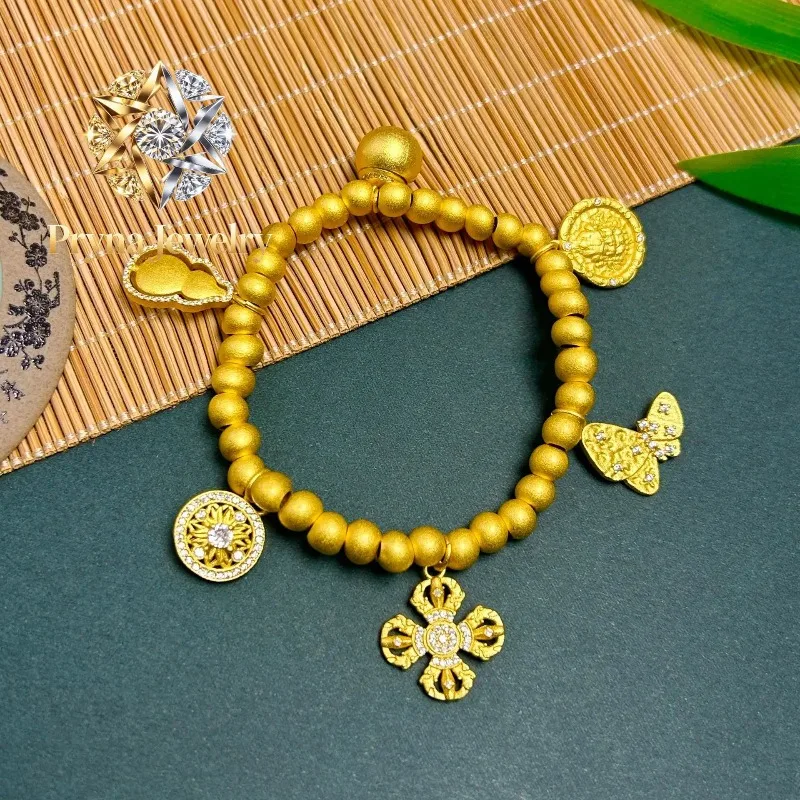 Pryna Jewelry   Luxury 9999 24K real gold hollow filigree compass cross vajra bracelet gourd bead bracelet
