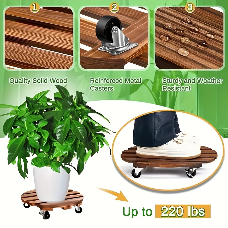 Heavy Duty Rolling Plant Stand，Equipped with adjustable metal、Locking Caster - Indoor/Outdoor Round Wooden Flower Pot Stand Base