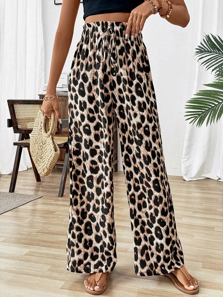 2025 New Leopard Print Pants Women Y2k Fashion Straight Leg Trousers Wide Flowy Long Bottoms Casual Streetwear Oversized Clothes