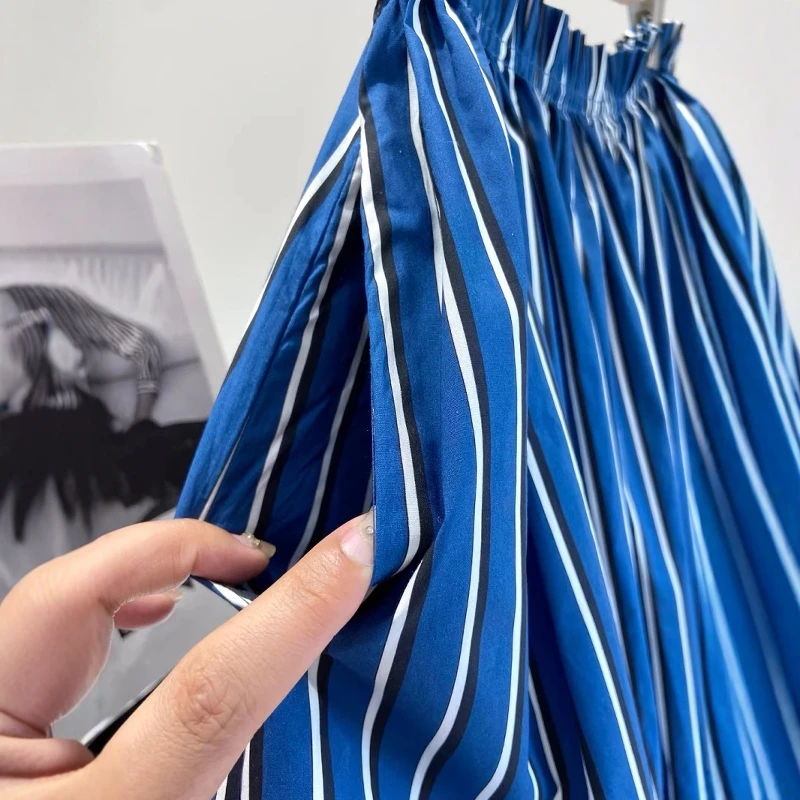   Saia midi feminina casual Sle cintura alta linha A com listras verticais gaze de algodão de seda Ele balanço completo