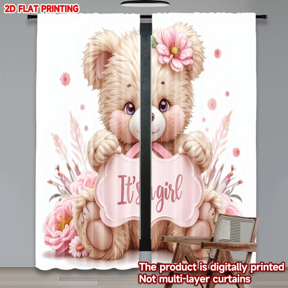 

2D flat printing 2pcs Party Window Curtains Gender Reveal Teddy Bear(1) Digital Printed Polyester Drapes Festive Curtains Use