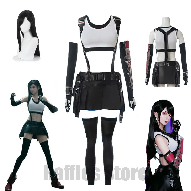 

Final Fantasy 7 Remake Tifa Lockhart Cosplay Costume Uniform for Women Girls Tops Shirt Skirt Full Set Anime Wig Halloween Suit