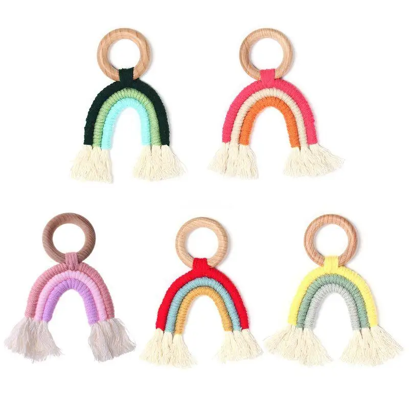 

Handmade BPA Free Chewing Teething Toys Nursing Soother Molar Newborn Teether Crochet Rainbow Rattle Knitted Hand Bell Dropship