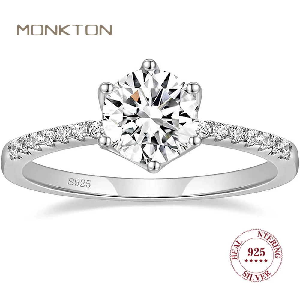 Monkton 925 Sterling Silver 1.2ct Round Zircon Rings for Women Shiny Engagement Wedding Jewelry Stackable Rings for Wife