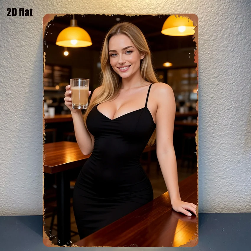 Vintage-Metallschild, lächelnde blonde Dame im schwarzen Slip-Kleid mit Kaffee, Retro-Wanddekoration für Küche und Garage