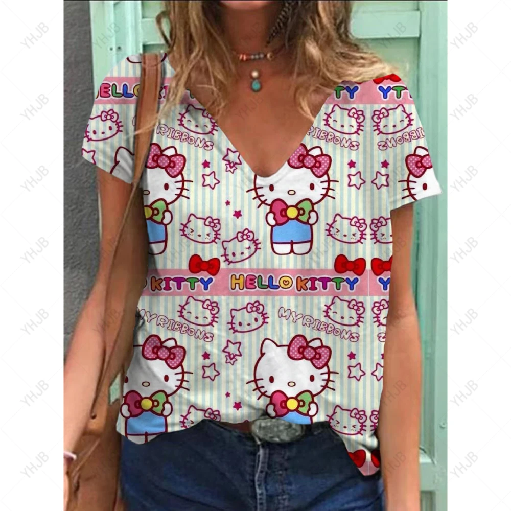 2025 Cartoon Hello Kitty 3D Stampa T-shirt a maniche corte Donna Estate Moda Per il tempo libero Con scollo a V Magliette larghe Estate Y2K Stile