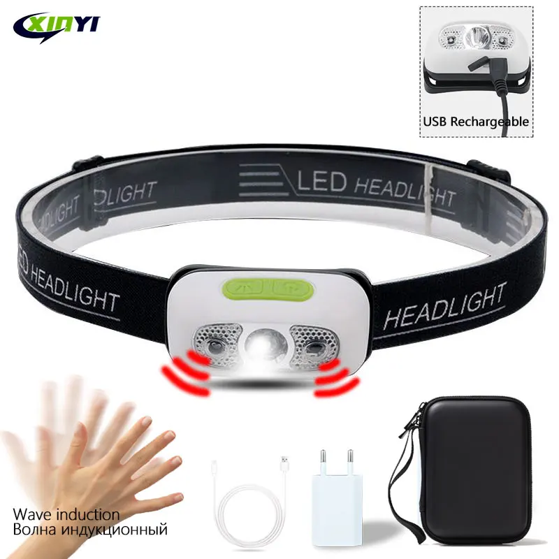 Body Motion Sensor 6000LM Mini LED HeadlampWith USB Rechargeable Headlight 4ModesCamping Flashlight Head Light Torch Lamp