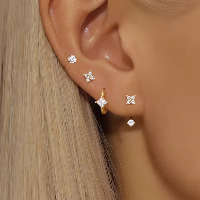 4PCS Zirkon Herz Mond Blume Kleine Hoop Ohrringe Set Für Frauen Edelstahl Huggies Anhänger Piercing Ohrringe Schmuck Aretes