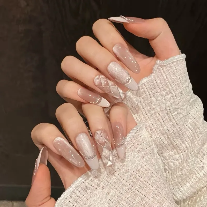 10pcs Handmade Press on Nails French Diamond Pattern Pearl Powder Cat-Eye Bow False Nail for Women Girl Removable Wearable Nail
