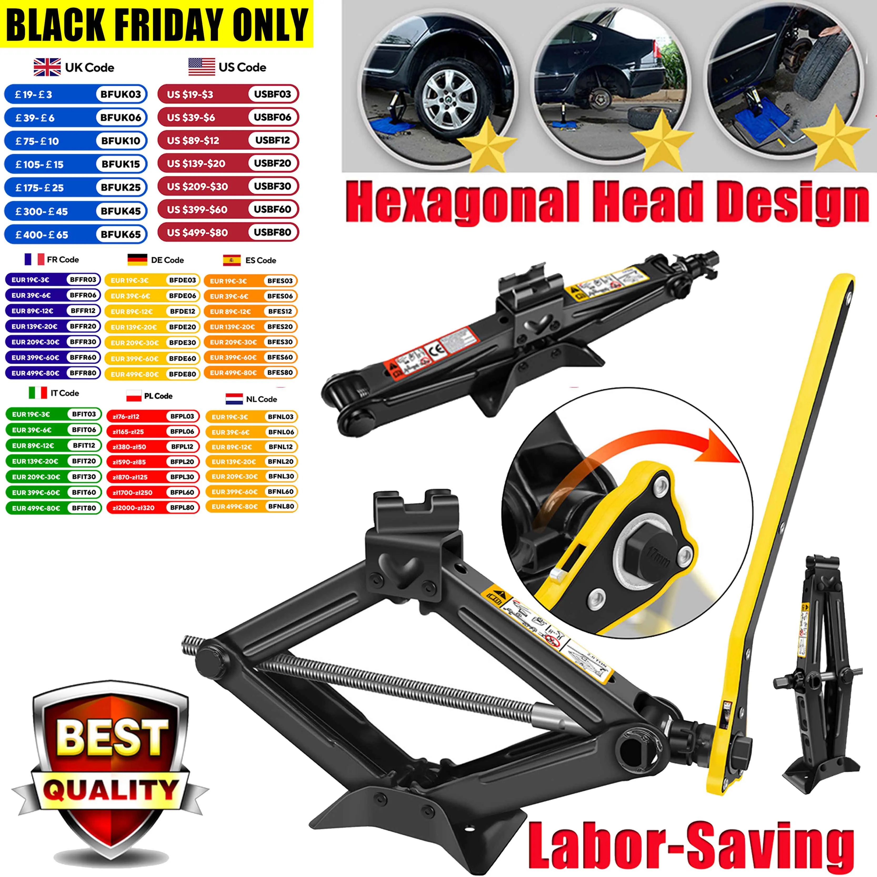 Car Scissor Jack 2T Auto Emergency Crank Lift Stand Labor-Saving Repair & Tire Replacement Tool with Wrench for SUV Vehicles