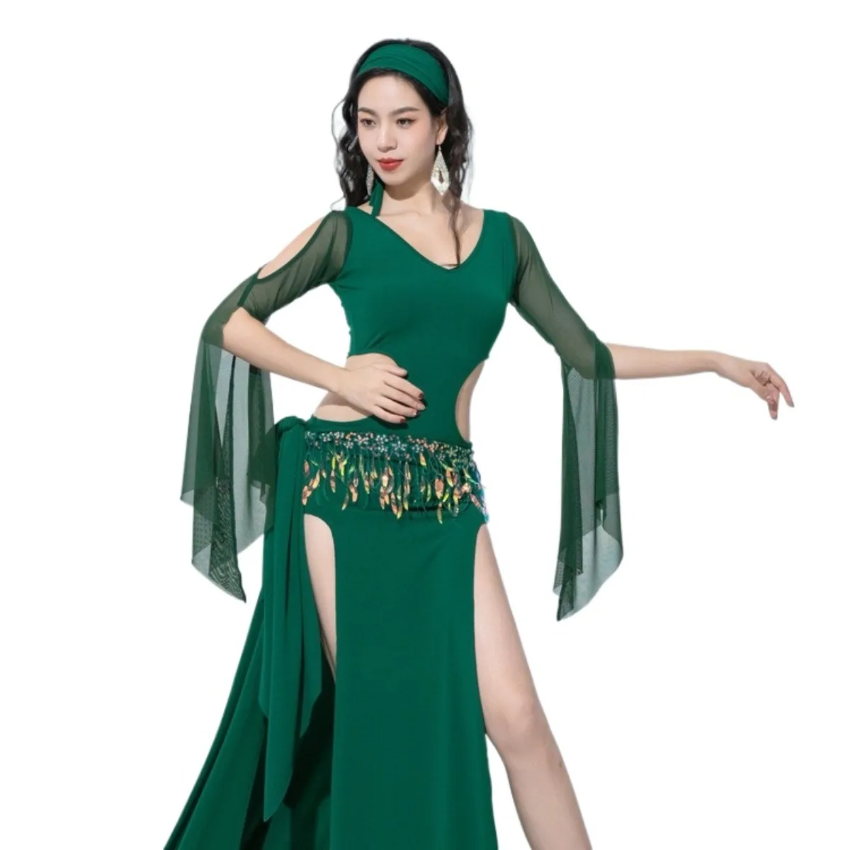 

Новый дизайн: Костюм для занятий танцами живота с ажурным шарфом на бедрах с пайетками, в народном стиле, элегантное платье для восточных танцев для женщин