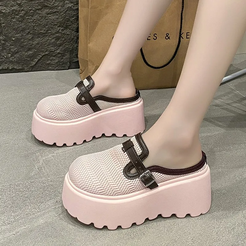 Sandalias de cuña con plataforma y tacón grueso de 9 cm para mujer, con hebilla, estilo pantufla, para verano 2026