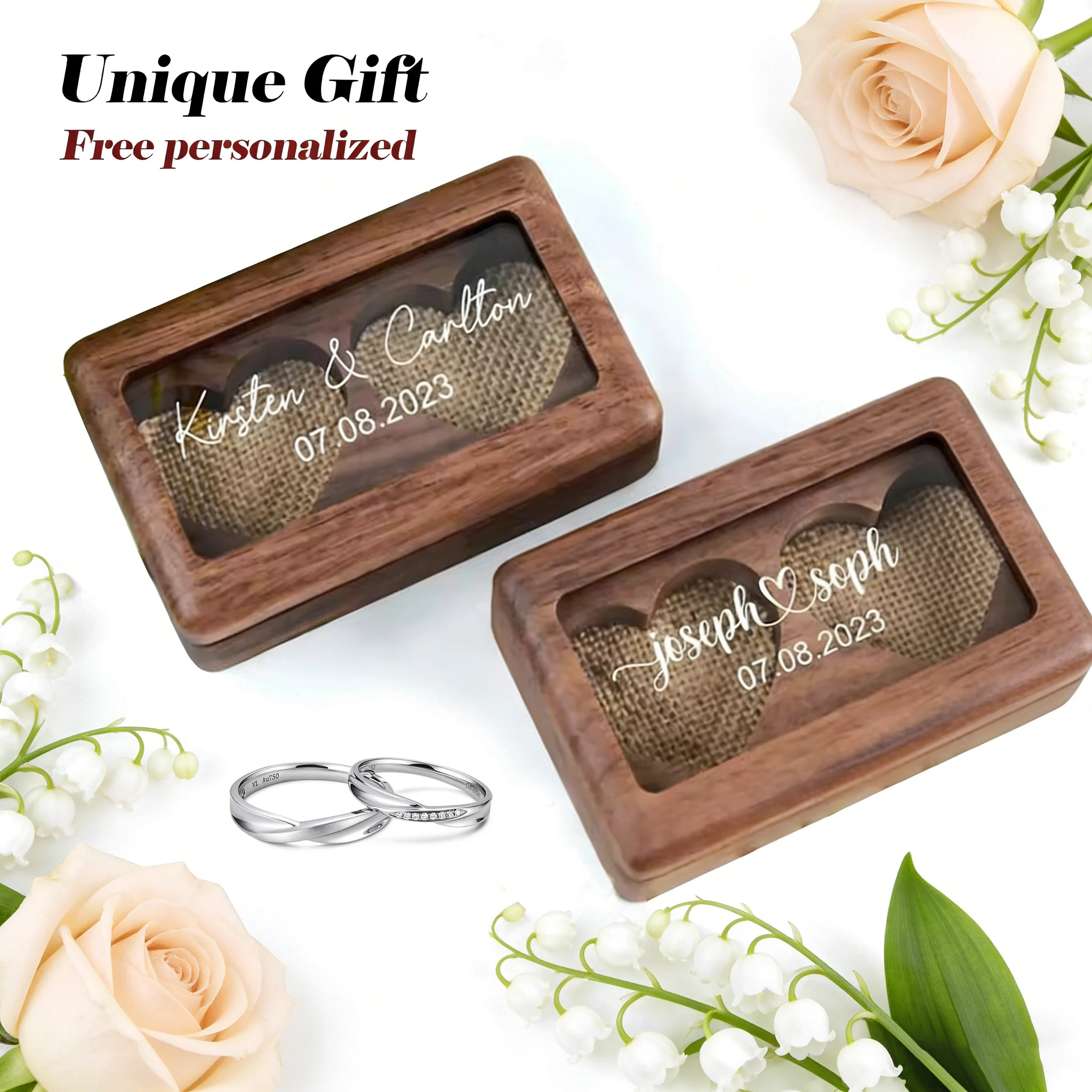 

Double Slot Wood Ring Display Box Free Custom Wood Ring Box Holder Engagement Wedding Ceremony Ring Bearer with Transparent Lid