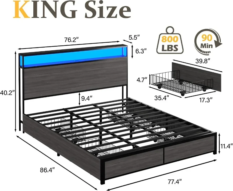 Lifezone King Bed Frame with 2-Tier Storage Headboard, Metal Platform Bed Frame with 4 Storage Drawers, Built in Charging