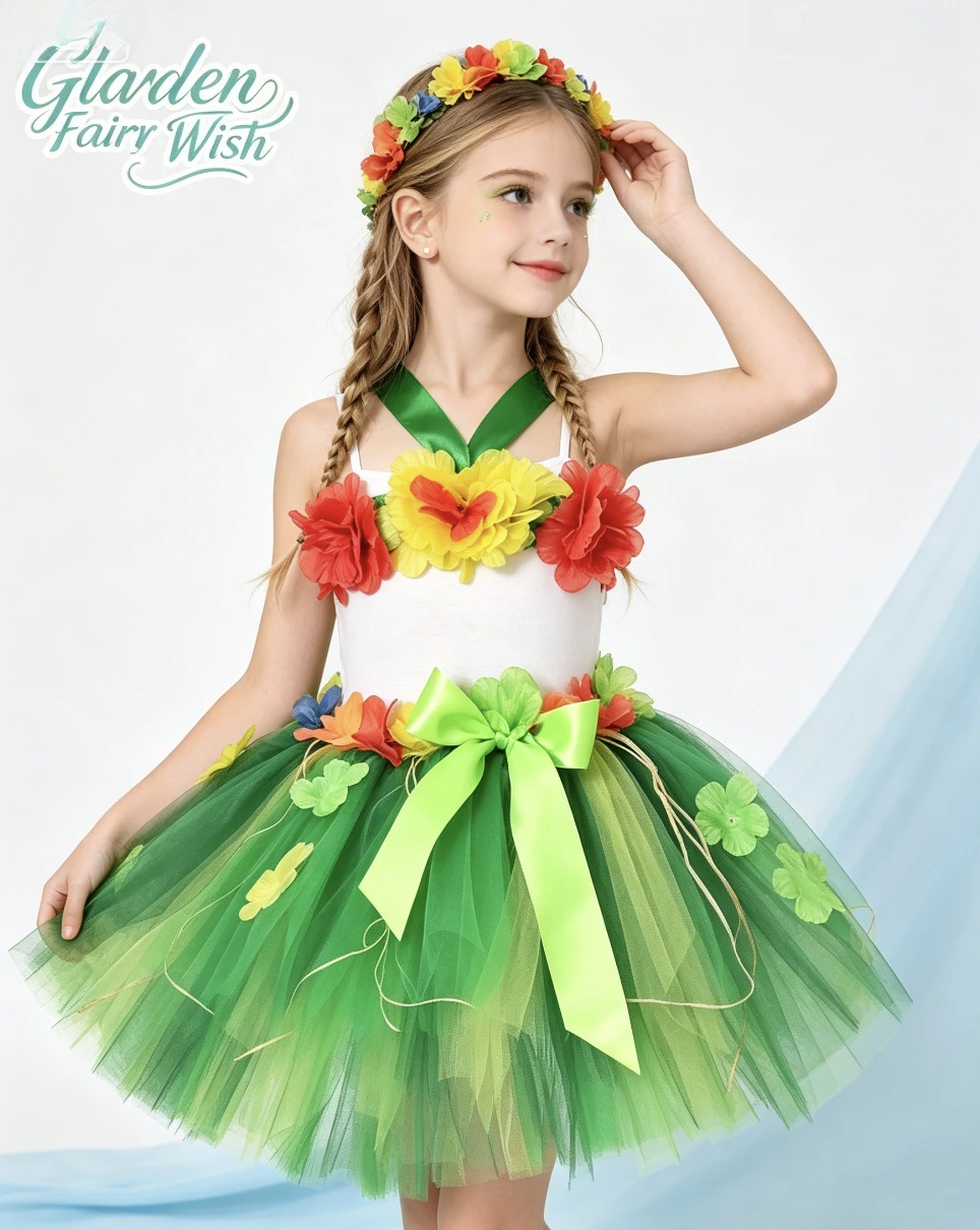 Kids Hawaiian Grass Luau Beach Dance Skirt With Flower Headband Set For Children Stage Performance Tropical Holiday Fancy Dress