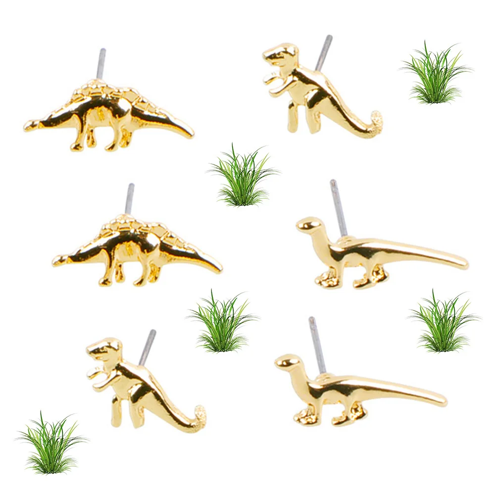 

3Pairs Dinosaur Small Animal Earrings Set Alloy 3D Ear Jewelry Decor Gift for Women Special Occasions Golden