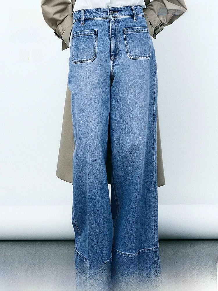 H&M Women's Wide Leg Jeans High Waist Straight Loose Fashionable Denim Long Trousers Casual Style Cotton Polyester Blend
