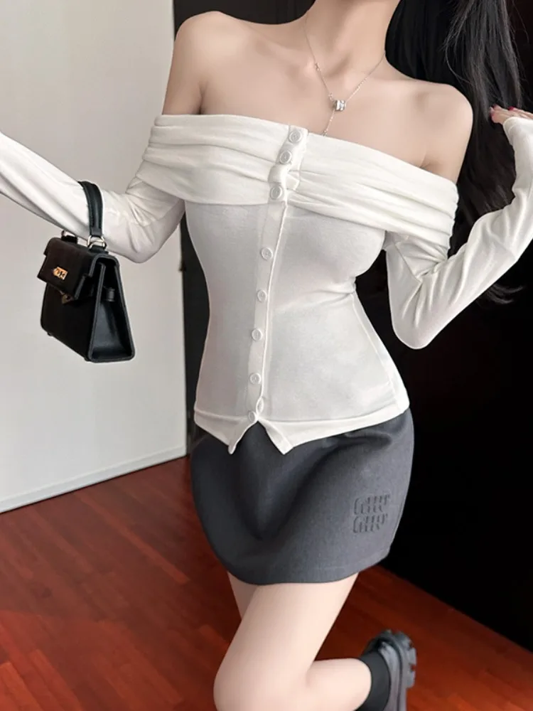 

Sexy White Fleece-Like Base Shirt Women's Sleeveless One-Shoulder Slim Fit Inner Wear for Autumn Pure Color Commute Style