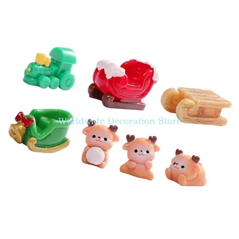 Q39B （7pcs）Christmas Accessories Miniature Sleigh Ornament set, Snow Scene Ornaments, Resin Winter Home Decor