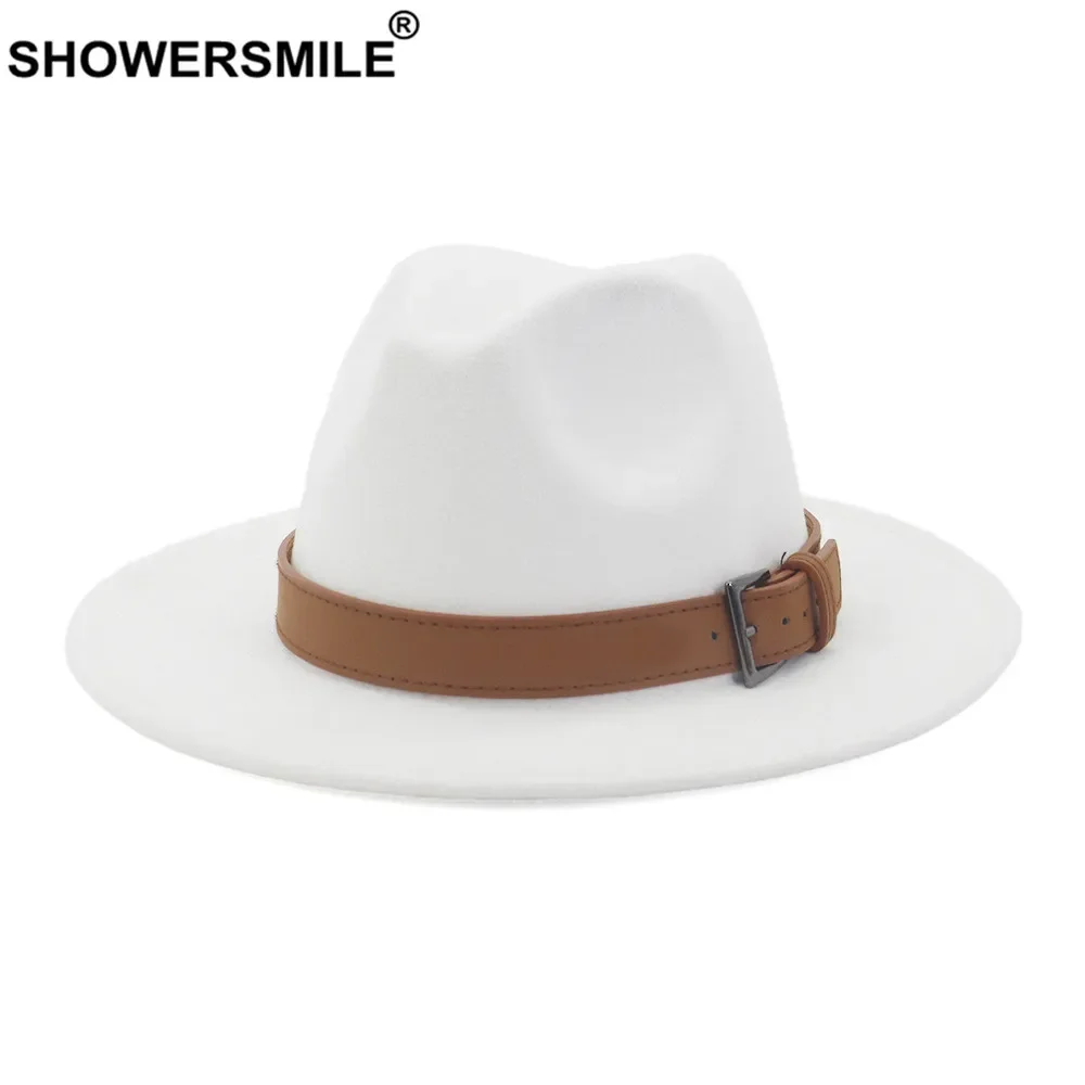 

SHOWERSMILE Khaki Women Wool Fedora Hat with Leather Belt Panama Hat Winter Autumn Wide Brim Jazz Trilby Male Sombrero Cap