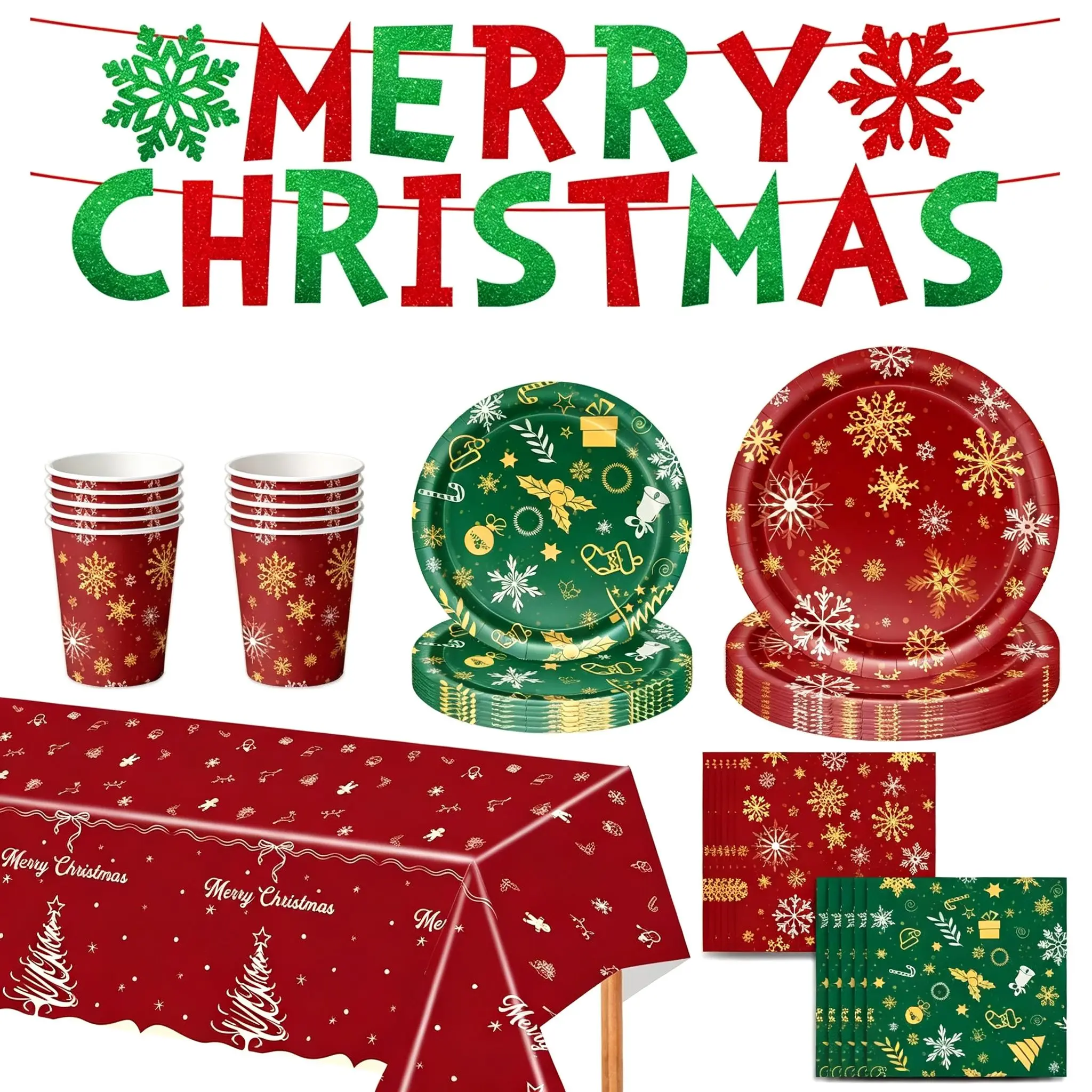 10/40/50/60/80Pcs Christmas Tableware Set, Snowflake Plates Cups Napkins, Xmas Holiday Party Decorations Supplies