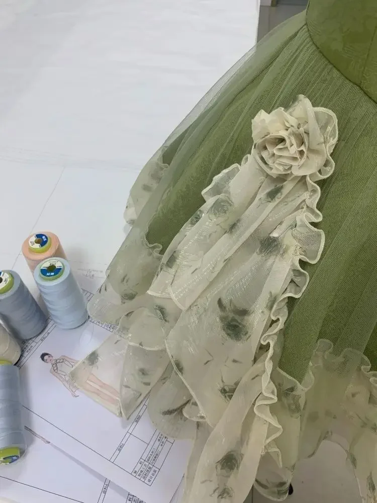 Women Green Fairy Style Dress Slim Fit Spaghetti Strap Lace Ruffle Hem Vintage Mesh Patchwork Elegant Kawaii Aesthetic Outfit