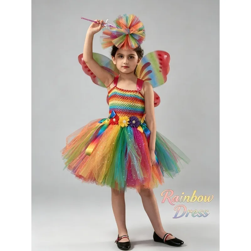 

Rainbow Butterfly Fairy Princess Dress Sparkly Sequin Tulle Elf Outfit Stage Dance Performance Costume Party Prom Gown Lovely