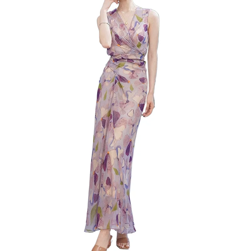 

Artistic Purple Print Elegant Sleeveless Vest Cross-strap V-neck High Quality Dress Masquerade Party Catwalk Performance Costume