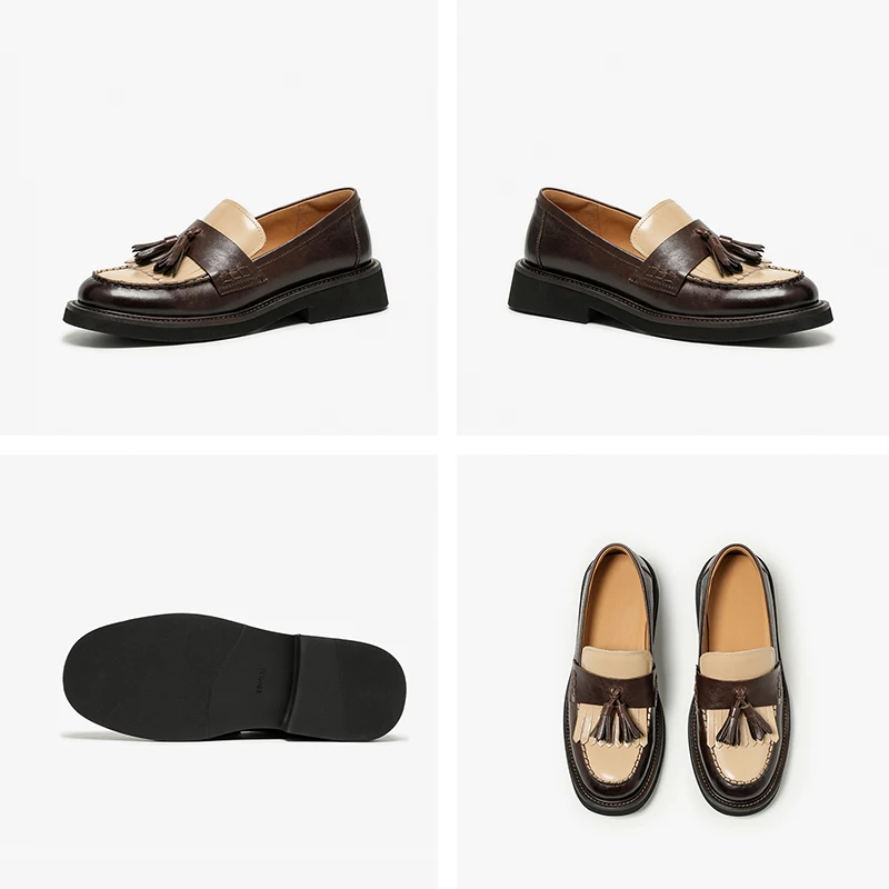 BEAUTODAY Loafers Women Genuine Cow Leather Fringe Patchwork Round Toe Slip-on Mid-heel Ladies Shoes Handmade 26447