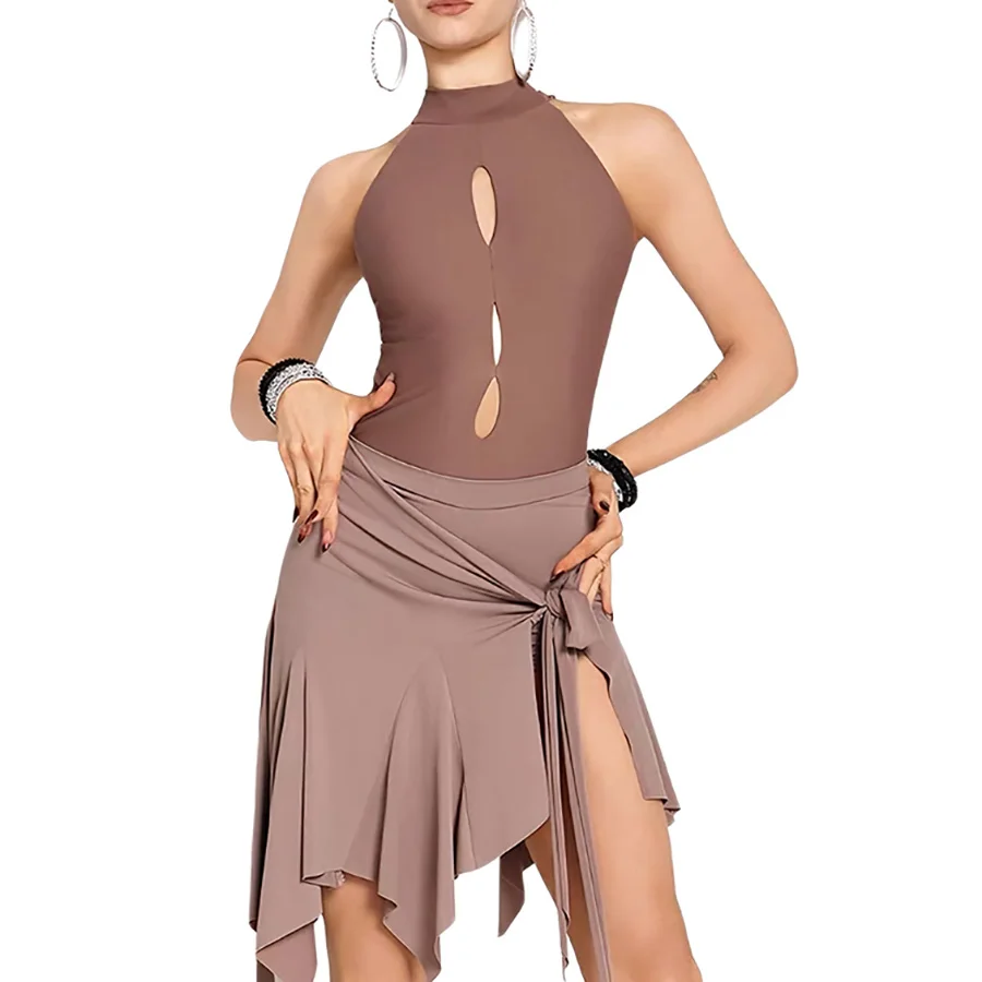 Conjunto de Vestido de Baile Latino para Mujer, Top Halter con Recortes + Falda Irregular para Práctica de Salsa y Rumba