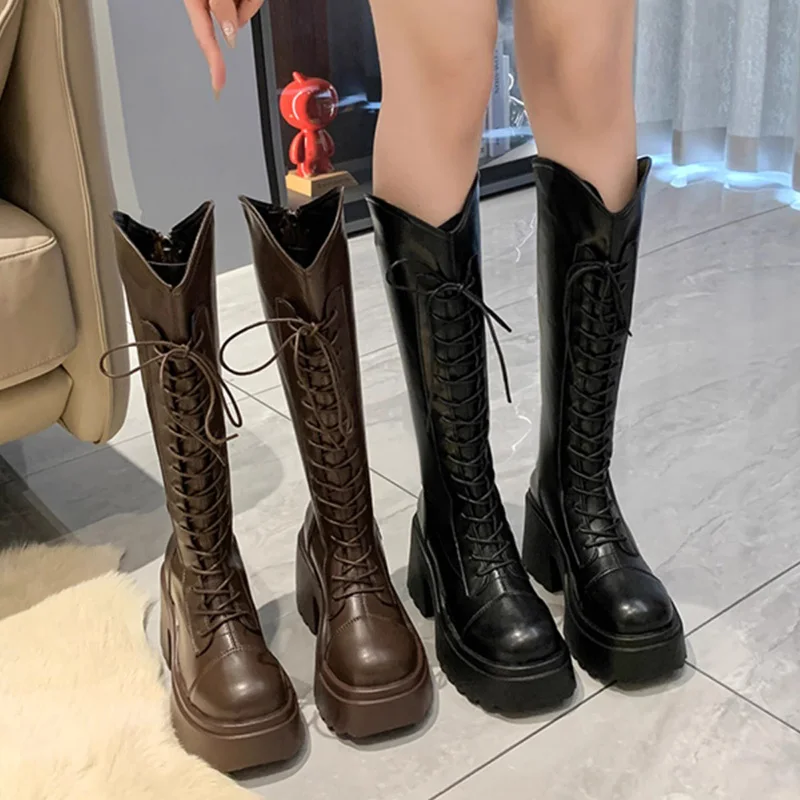 Height Increasing 8cm Boots Chubby Girl Thick Leg Knight Boots Lace-up Small High Leg Boot 2023 Autumn and Winter New Boots