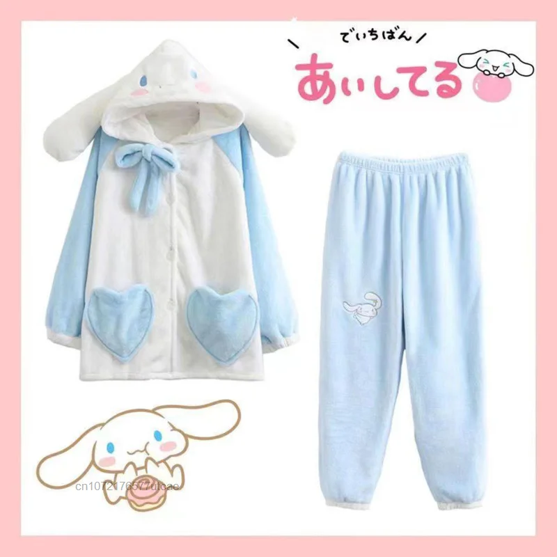 Sanrio Cinnamoroll Plush Cotton Cute Hooded 2 Pcs Pajamas Sets Y2k Sweet Cartoon Oversize Casual Pyjamas Women Winter Home Set