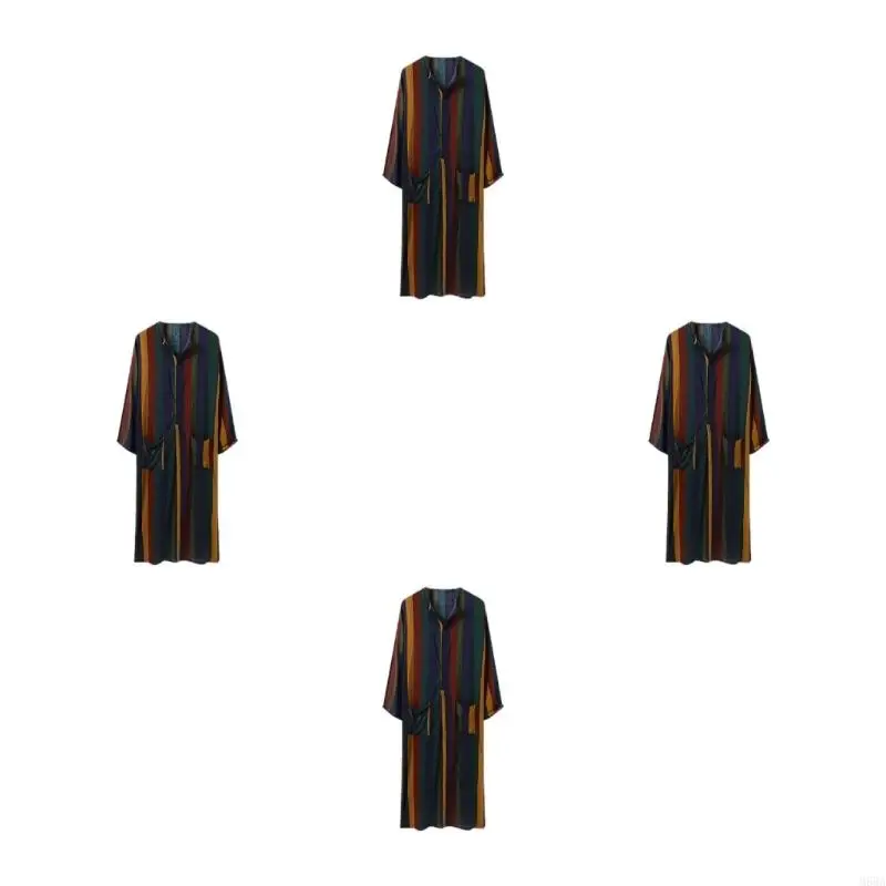 M68A الرجال ملونة مخطط Kaftan رداء الأزرار العربية طويلة الأكمام الطويلة