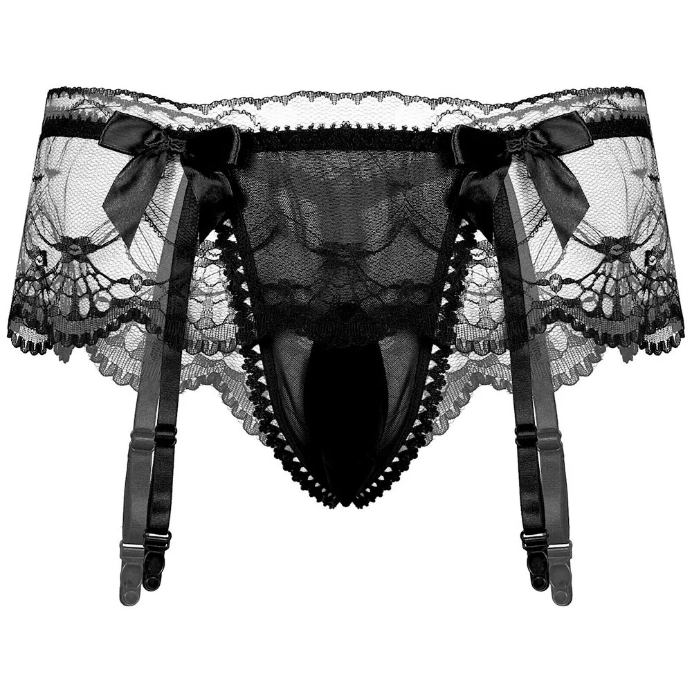 Mens Sexy Sissy Lingerie U Shape Pouch Panties Underwear See Through Lace Briefs With Garter Sexy Lace Breathable G-String