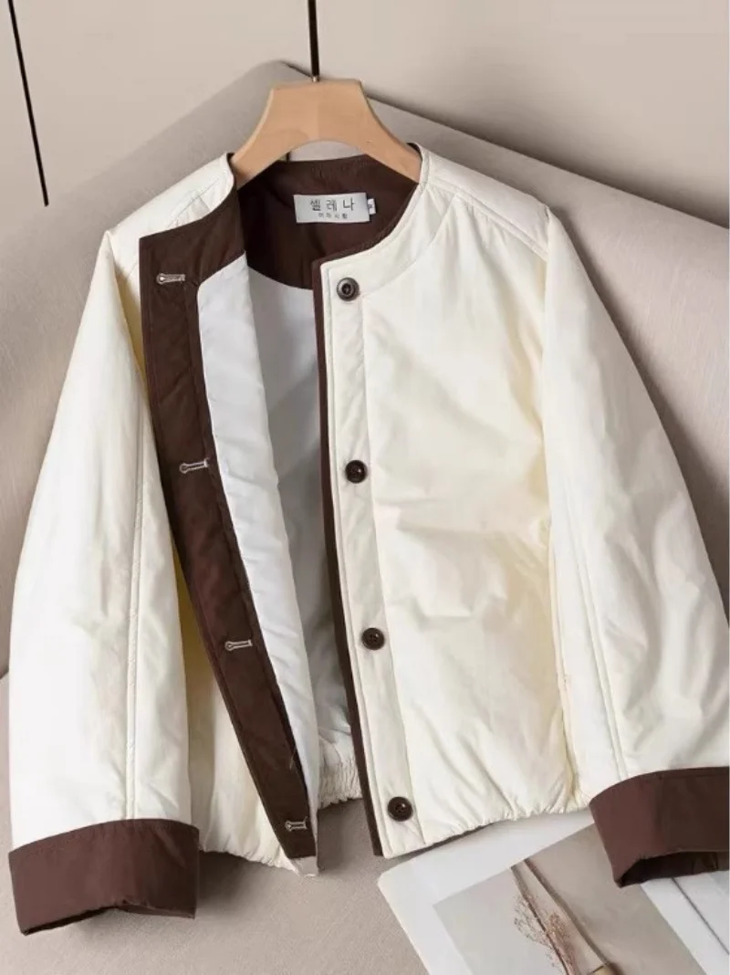 

Short Coat For Women, Stylish, Contrasting Round Neck,Thick Winter Loose Fit Warm Cotton Jacket, Korean Outerwear w1498