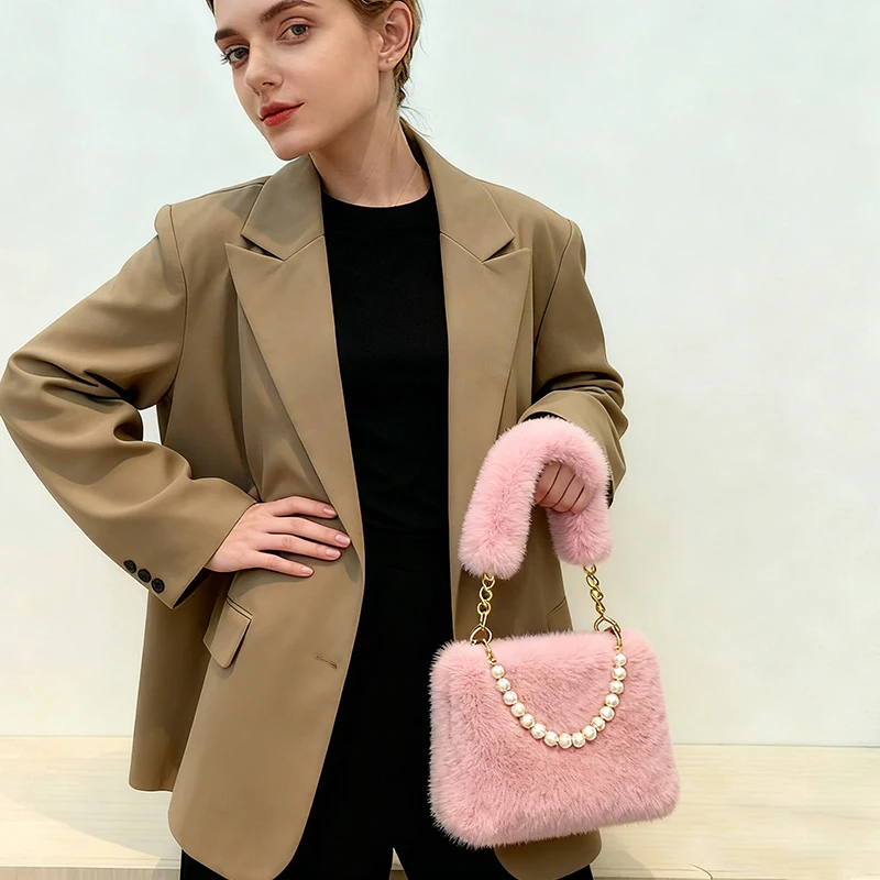 Fashionable Pearl Rabbit Fur Velvet Handbag Women's Crossbody Bag Chain Design Autumn Winter Small Versatile Bag Elegant