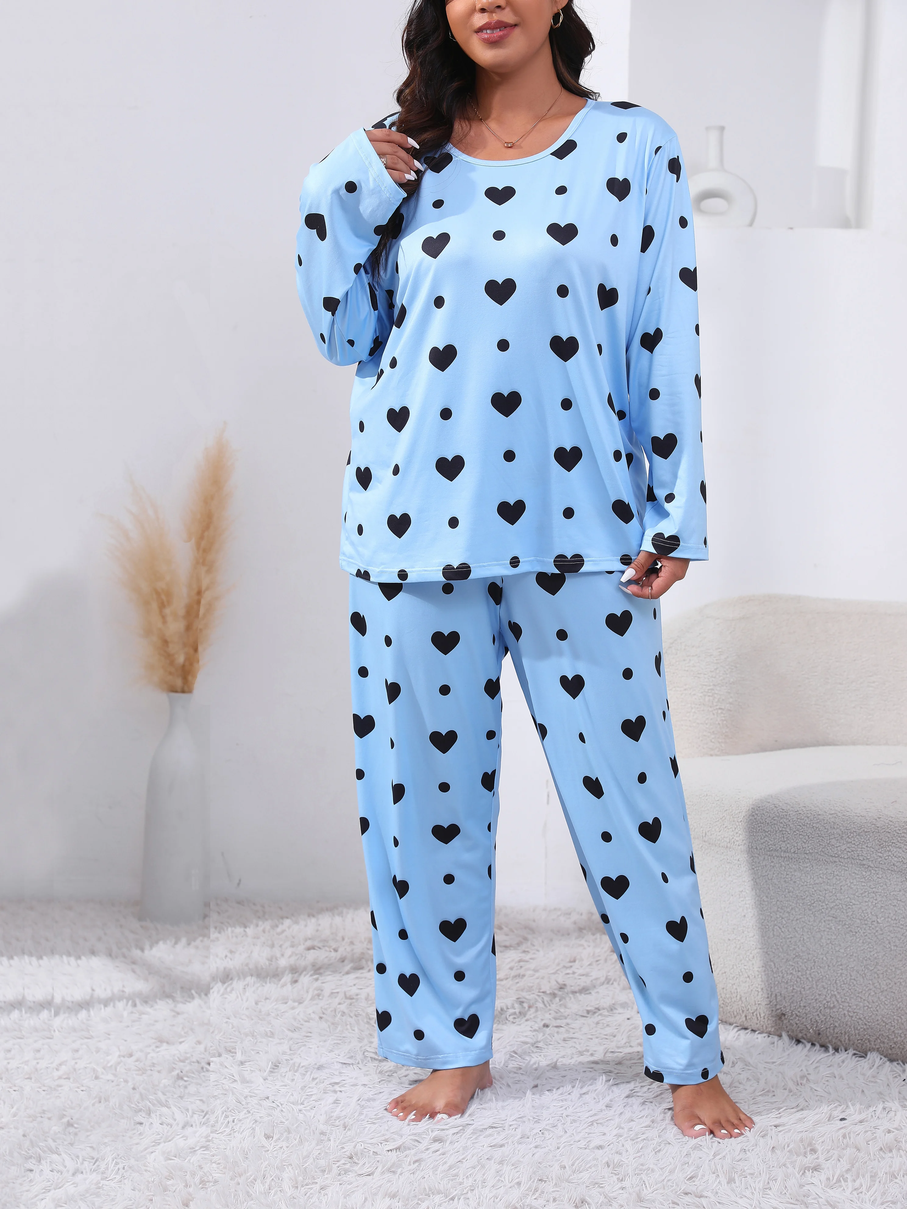 Women\'s Sleepwear Long Sleeve Shirt and Pants Set&Lounge Wear Quality  Heart Print Top and Trousers for Women Autumn Sleepwear