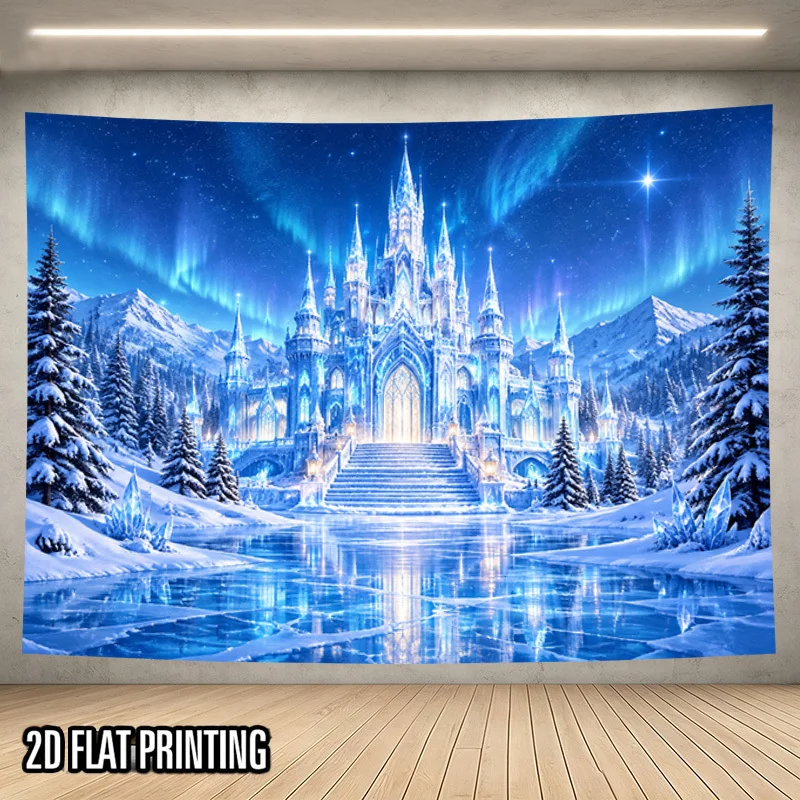 Magical Ice Castle Tapestry, Aurora Snowy Mountain Frozen Lake Wall Hanging for Dorm Bedroom Aesthetic Nature Home Decoration