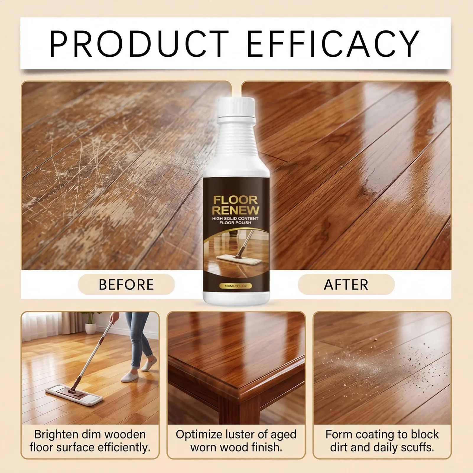 150ml Wood Floor Restorer Polish, Scratch Filler & Protective Agent for Hardwood Laminate, Restore Shine and Hide Scratches