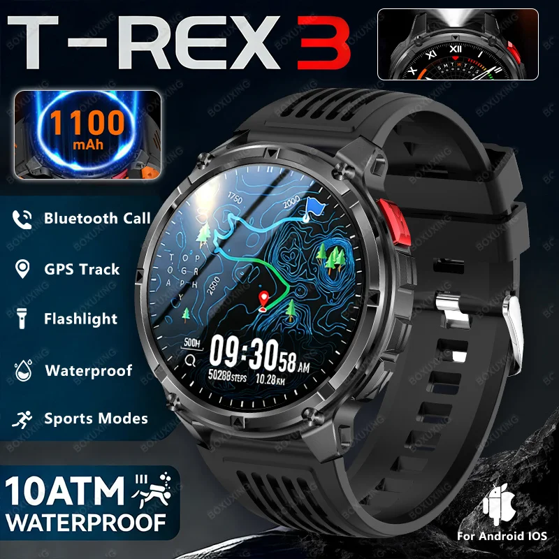 

Новые смарт-часы T-Rex3 Ultra 2026 года с аккумулятором 1100 мАч, измерением пульса, компасом, отслеживанием спортивных показателей, Bluetooth-звонками, военным классом защиты, для мужчин
