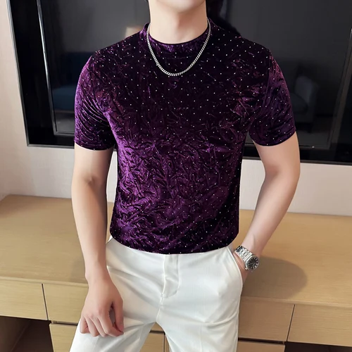 Imagen 2 del producto Camiseta bronceada de terciopelo dorado, novedad de verano, camiseta a la moda con cuello redondo para hombre, camiseta informal ajustada transpirable, jersey, ropa para hombre