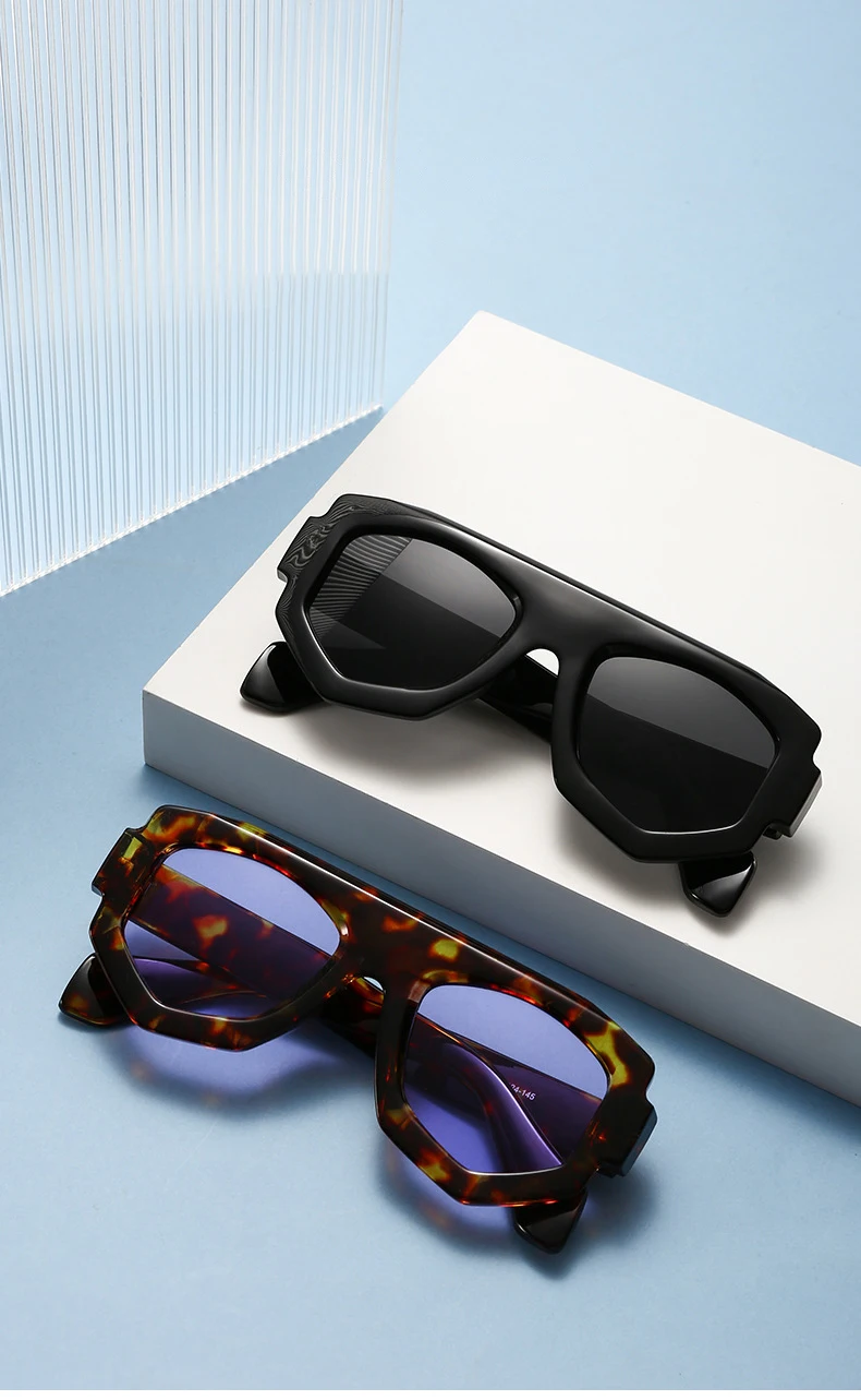 SO&EI Mode Unregelmäßige Quadratische Frauen Sonnenbrille Shades UV400 Retro Blau Lila Männer Sonnenbrille – Detail 3