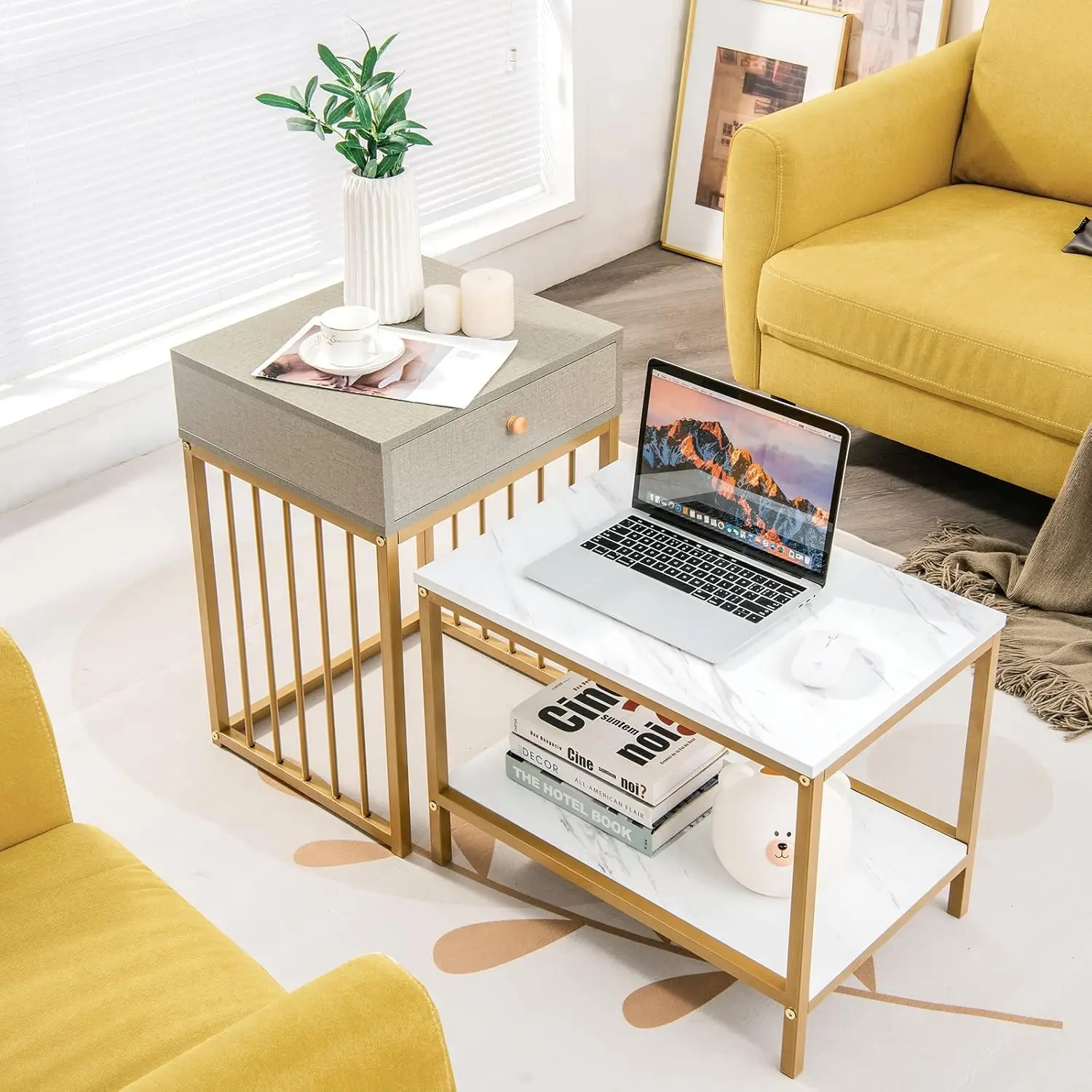 Rectangular Modern Stacking Accent Cocktail Tables for Living Room, 2 in 1 Space-Saving End Table with Drawer, Sofa Side Tables