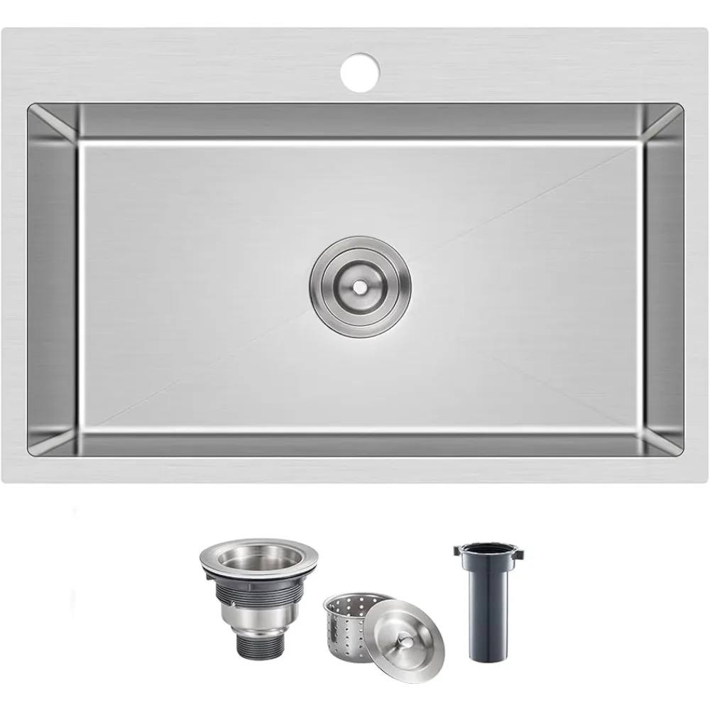 

Single Bowl Workstation Sink With Drain Kit (Brushed) For Kitchen Sink Organizer 28"x18"x9" Sinks Multifunction Strainer Fixture