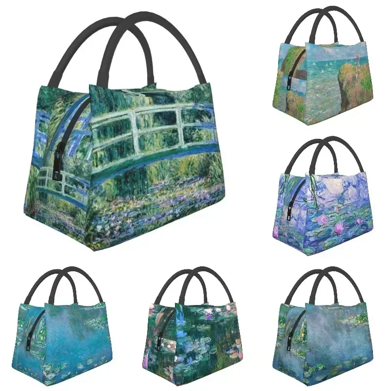 The Waterlily Pond Green Harmony Portable Lunch Box Women Waterproof Claude Monet Water Lilies and Japanese Bridge Lunch Bag