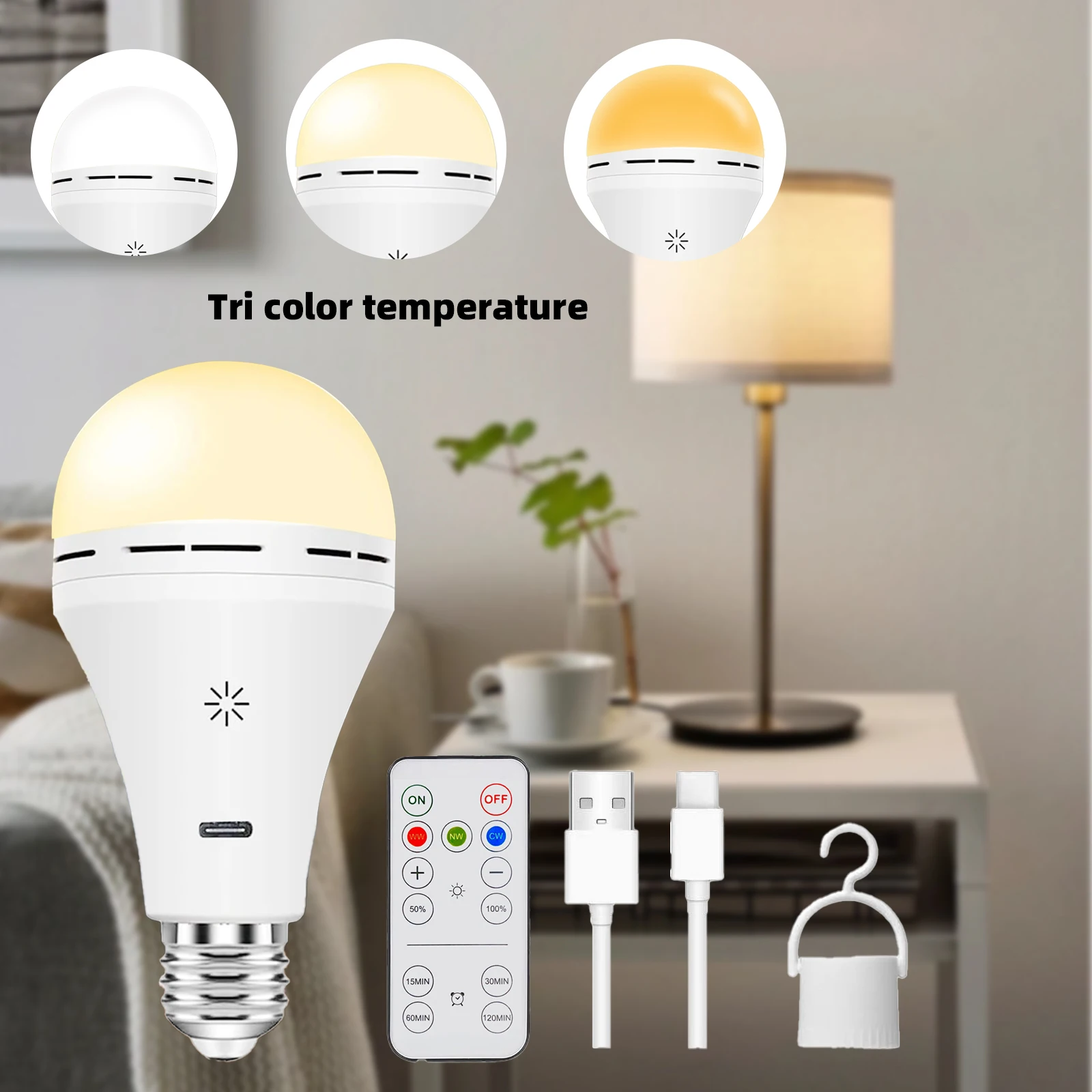 

Перезаряжаемая лампочка USB-C с дистанционным управлением E27 Smart Battery BulbTouch Control Светодиодные лампы с регулируемой яркостью и таймером