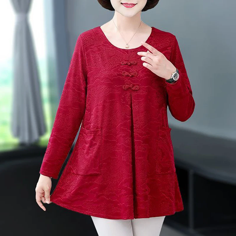 Middle Aged Women Chinese Style 3D Textured Vintage Elegant T Shirt Spring Autumn Fashion O Neck Long Sleeve Pullover Tunic Tops