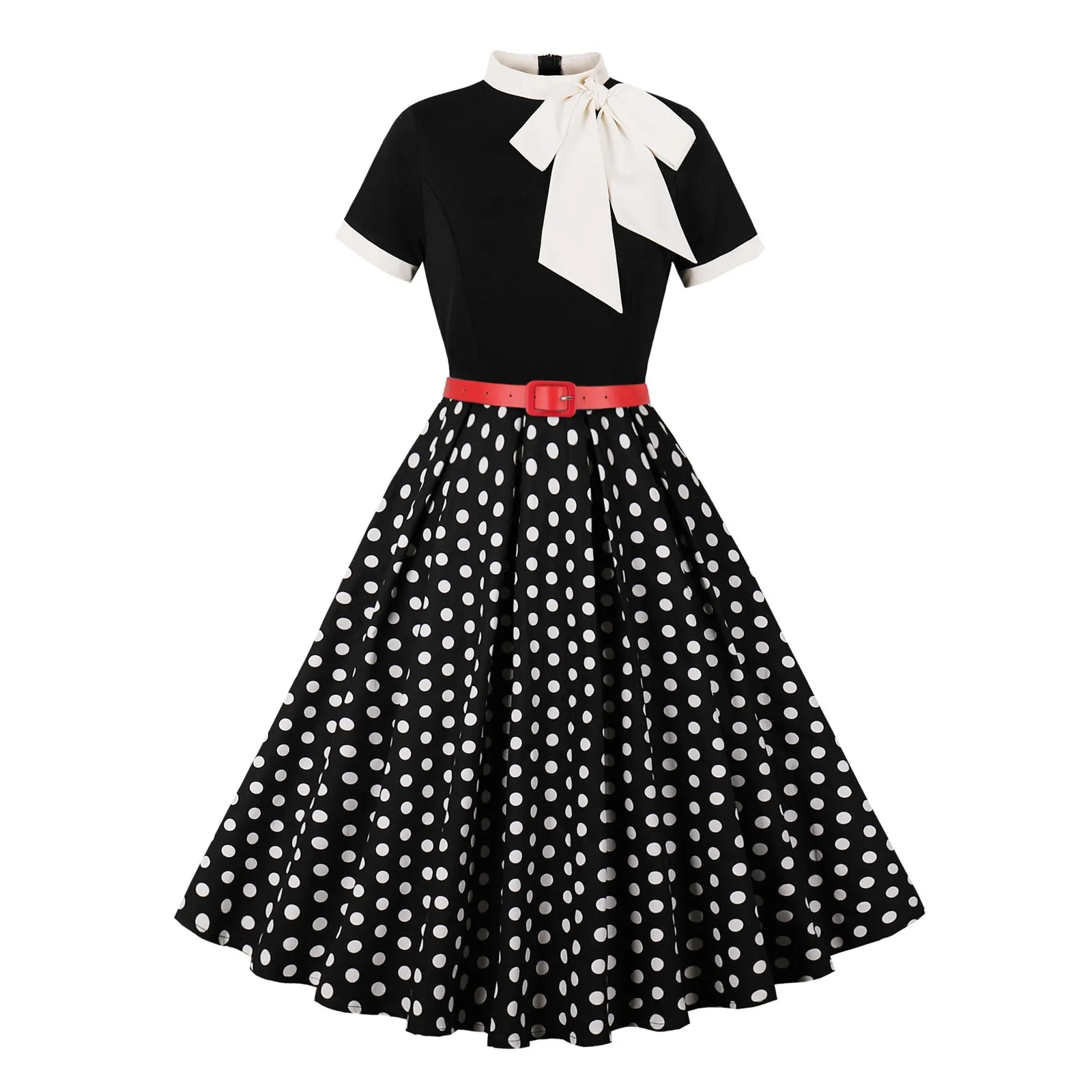 

Women's Vintage Black White Polka Dot Print Cocktail Swing Dress Elegant Retro Pleated Bowknot Neck High Waist Party Dress